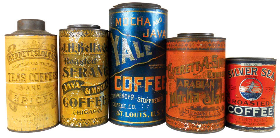 Country store coffee & tea tins (5), Arabian Mocha & Ja: Country store coffee & tea tins (5), Arabian Mocha & Java by Everett A. Smith Company-Milwaukee, Yale Mocha & Java by Steinwender-Stoffregen Coffee Co.-St. Louis, Serang Java & Mocha by J. H. Bell & C