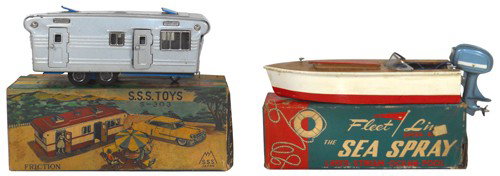 Toys (2), S.S.S. Toys-Japan S-303 camper, c.1950: Toys (2), S.S.S. Toys-Japan S-303 camper, c.1950's, litho on metal w/side doors & roof vents, 9.25"L & The Sea Spray Fleet Line Speed Boat by K&O Models, Inc., c.1950, battery-powered, 9.75"L, VG cond