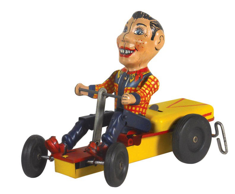 Toy, Howdy Doody Pump-Mobile, mfgd by Ny-lint Toys, una: Toy, Howdy Doody Pump-Mobile, mfgd by Ny-lint Toys, unauthorized Howdy, colorful litho on tin wind-up, Exc working cond, 7.5"H x 9"L.