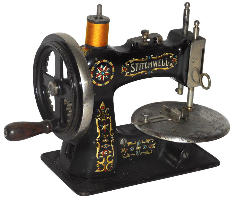 Child's sewing machine, Stitchwell, mfgd by National Se: Child's sewing machine, Stitchwell, mfgd by National Sewing Machine Co., Exc orig cond w/great decals, no needle, 6.5"H x 8.5"W.