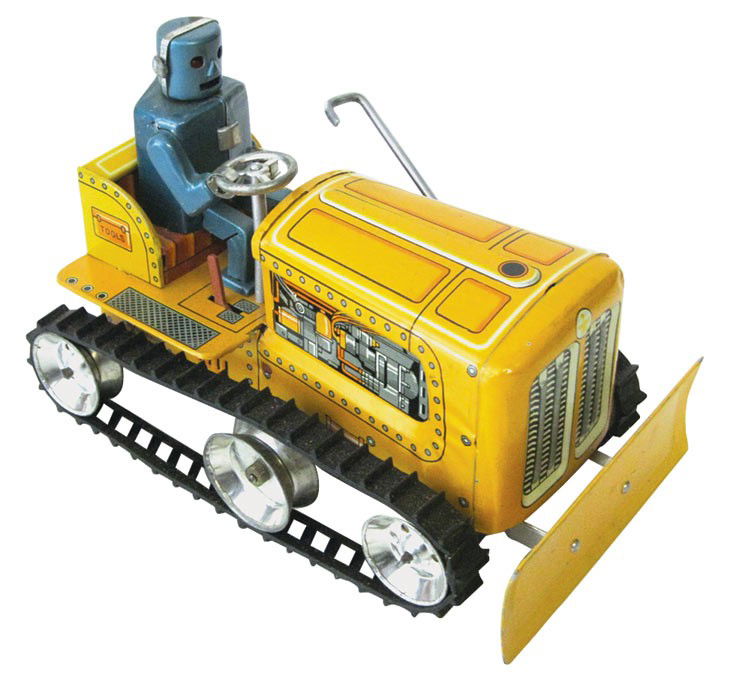 Toy, Robot Operated Bulldozer w/orig box, litho on tin,: Toy, Robot Operated Bulldozer w/orig box, litho on tin, mfgd by KO-Japan, c.1950's, Exc working cond, box has good color w/a few tears, 4.5"H x 4"W x 7"L.