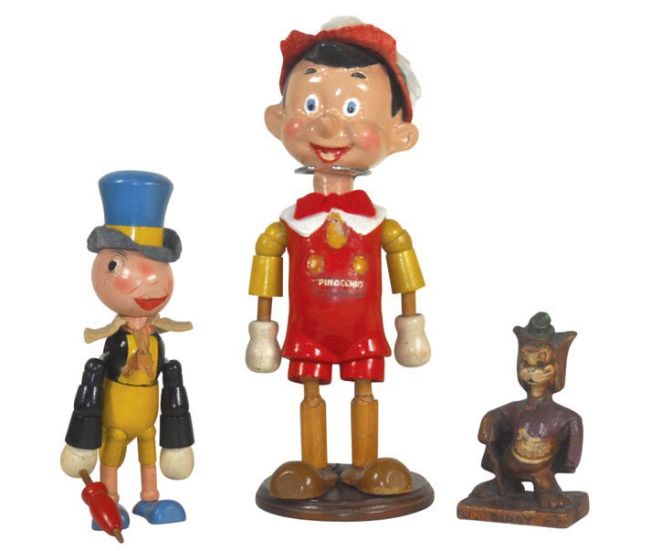 Pinocchio & Jiminy Cricket jointed wood dolls, both w/I: Pinocchio & Jiminy Cricket jointed wood dolls, both w/Ideal Novelty & Toy Co. transfers, both in VG cond w/some paint touch-up, 12" & 8"H & Giddy the Cat, mfgd by Multi-Products Co., wood composition,