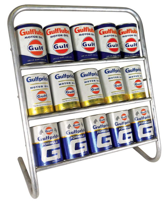 Petroliana (16), metal oil can display rack & 15 qt Gul