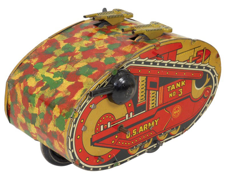 Toy, U.S. Army Tank No. 3, litho on metal wind-up by Ma: Toy, U.S. Army Tank No. 3, litho on metal wind-up by Marx, missing one plastic side gun, o/wise VG cond, 5"H x 8"L.
