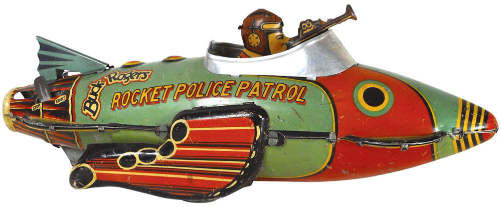 Toy, Buck Rogers Rocket Police Patrol, litho on metal w: Toy, Buck Rogers Rocket Police Patrol, litho on metal wind-up by Louis Marx & Co, pat Mar 15, 1927, VG cond w/replaced tail fin, 12"L.