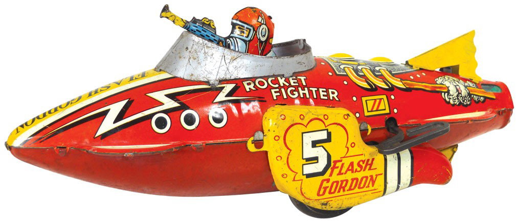 Toy, Flash Gordon Rocket Fighter litho on metal wind-up: Toy, Flash Gordon Rocket Fighter litho on metal wind-up by Marx, King Features Syndicate, VG cond w/replaced tail fin, 12.5"L.