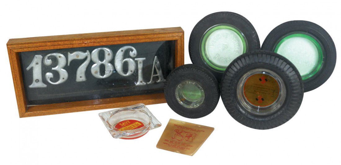 Automobile license plate, leather w/formed metal number: Automobile license plate, leather w/formed metal numbers & letters, "13786 IA", Seiberling tire ashtray from Crosstown Tire Co.-Milwaukee, Goodrich Silvertowns, Pennsylvania Tire & Dayton-McClaren tir