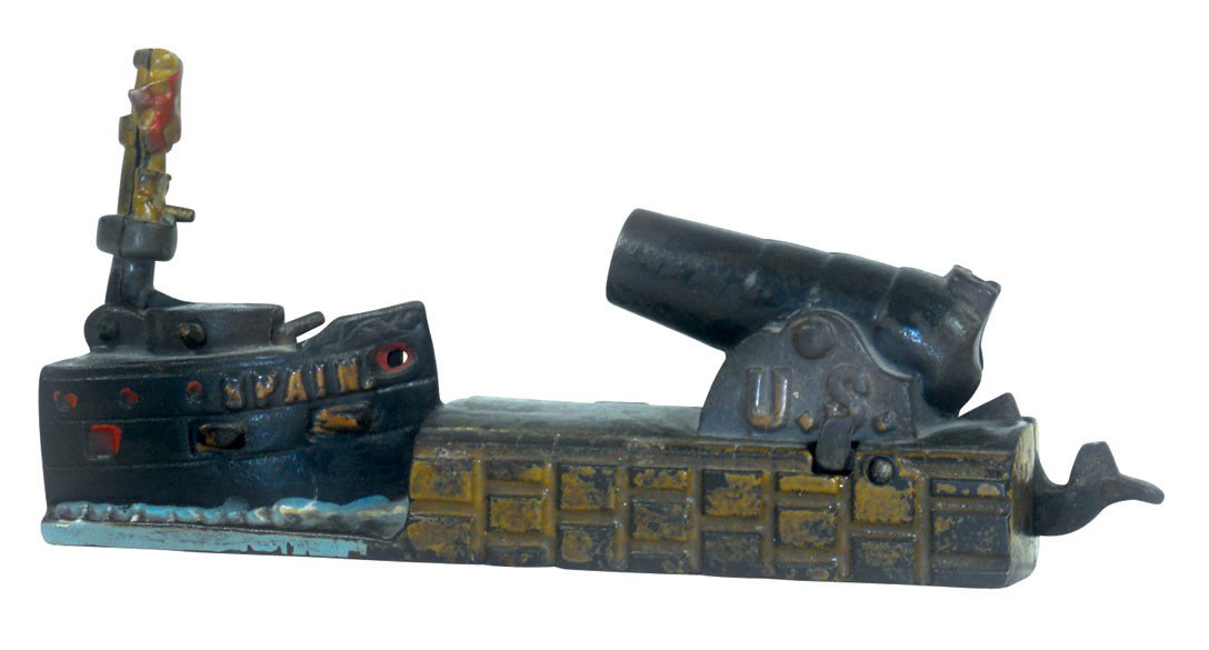 Mechanical bank, US and Spain, mfgd by J&E Stevens, des: Mechanical bank, US and Spain, mfgd by J&E Stevens, designed by Charles Bailey, patd 1898, painted cast iron, missing trap, Exc cond w/orig paint, 4"H x 8"W.