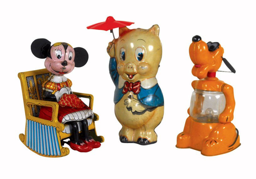 Toys (3), Minnie Mouse Knitting in Rocking Chair & Plut: Toys (3), Minnie Mouse Knitting in Rocking Chair & Pluto lantern, both litho on tin mfgd by Line Mar Toys & Porky Pig w/umbrella, litho on tin mfgd by Marx, Porky is dated 1939, Pluto is Exc & 7"H, ot