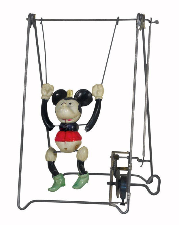 Toy, Mickey Mouse on Trapeze, celluloid wind-up, Made i: Toy, Mickey Mouse on Trapeze, celluloid wind-up, Made in Japan, Exc working cond, 6.25"H x 5"H.