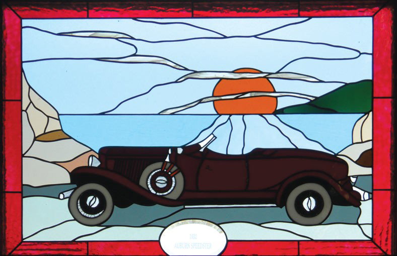 Petroliana, 1932 Auburn Speedster stained glass window,: Petroliana, 1932 Auburn Speedster stained glass window, very well executed by a stained-glass artist, Exc cond, 24"H x 32"W.