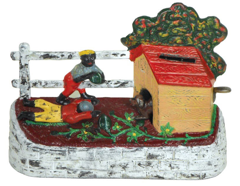 Mechanical bank, Boy Stealing Watermelon, mfgd by Kyser: Mechanical bank, Boy Stealing Watermelon, mfgd by Kyser & Rex, c.1894, cast iron w/restored paint, Exc cond, 5"H x 7"W.