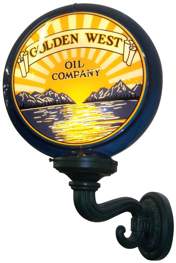 Petroliana, contemporary 1983 Golden West Oil Company p: Petroliana, contemporary 1983 Golden West Oil Company plastic globe mounted on a cast metal light fixture, Exc cond, 26"H x 18"Dia.