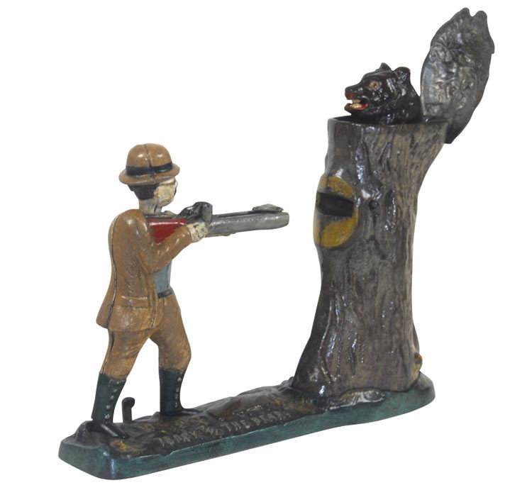 Mechanical bank, Teddy and the Bear, mfgd by J&E Steven: Mechanical bank, Teddy and the Bear, mfgd by J&E Stevens, designed by Charles Bailey, patd 1907, cast iron w/some restored paint, Exc cond, 7.5"H x 10"W.