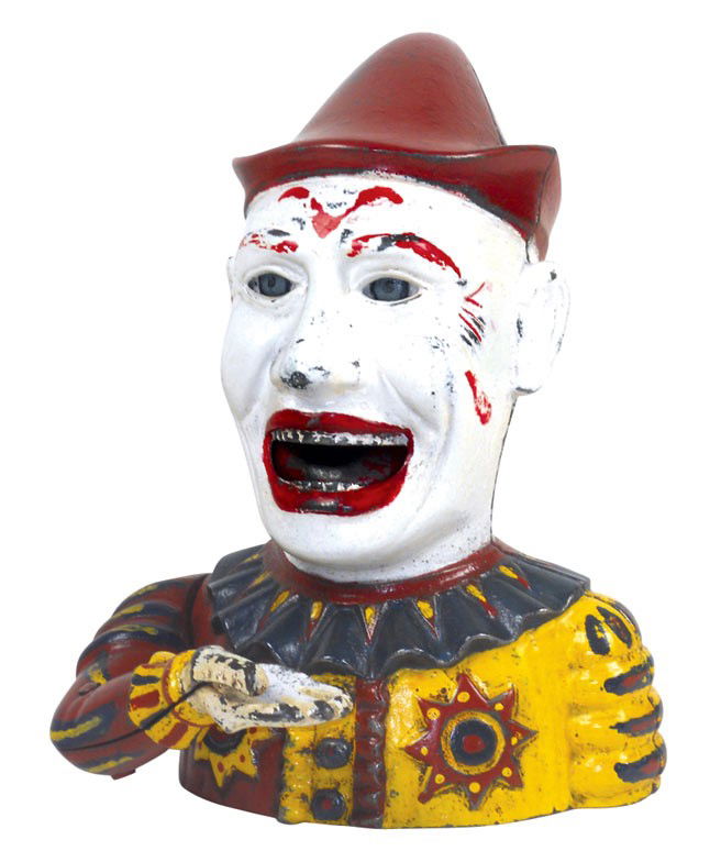 Mechanical bank, Humpty Dumpty, mfgd by Shepard Hardwar: Mechanical bank, Humpty Dumpty, mfgd by Shepard Hardware Co., designed by Charles Shepard & Peter Adams, patd 1884, painted cast iron, some restored paint, VG/Exc cond, 8.5"H x 6"W.