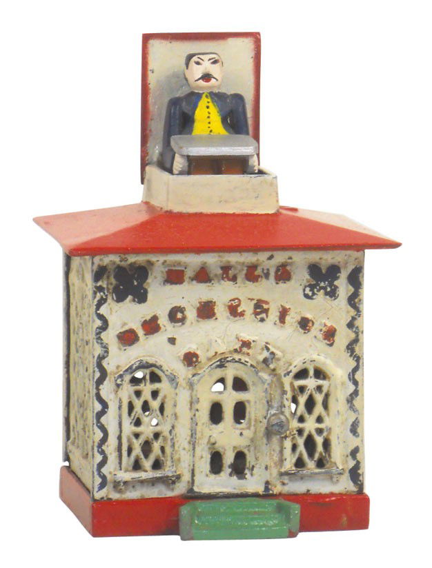 Mechanical bank, Hall's Excelsior, mfgd by J&E Stevens,: Mechanical bank, Hall's Excelsior, mfgd by J&E Stevens, designed by John Hall, painted cast iron, replaced figure & some restored paint, VG cond, 6"H x 4"W.