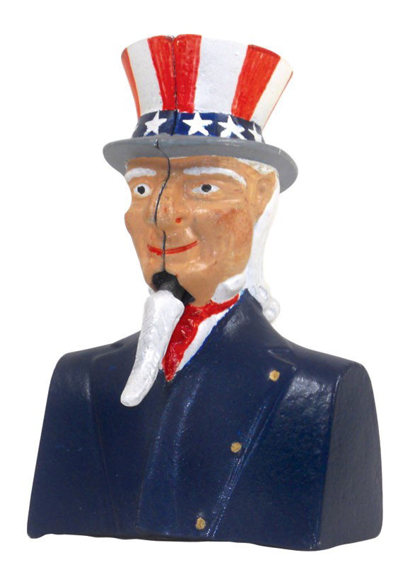 Mechanical bank, Uncle Sam-Bust, mfgd by Blakeslee & Wi: Mechanical bank, Uncle Sam-Bust, mfgd by Blakeslee & Williams Co., c.1900, painted cast iron, restored paint, VG cond, 5"H x 3.25"W.