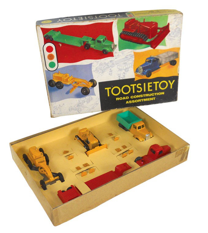 Toys, Tootsietoy Road Construction Assortment No. 6000 : Toys, Tootsietoy Road Construction Assortment No. 6000 in orig box, includes trucks, grader, dozer & signs, toys Mint cond, box has been taped but o/wise Exc cond, 2.25"H x 15.75"W x 10.5"D.