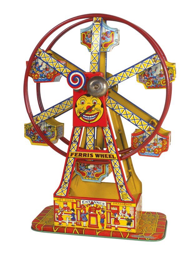 Toy, Chein Ferris Wheel w/orig box, colorful litho on t: Toy, Chein Ferris Wheel w/orig box, colorful litho on tin wind-up w/children in cars, VG to Exc working cond w/some wear on base, box in Good cond, 17"H x 13"W.