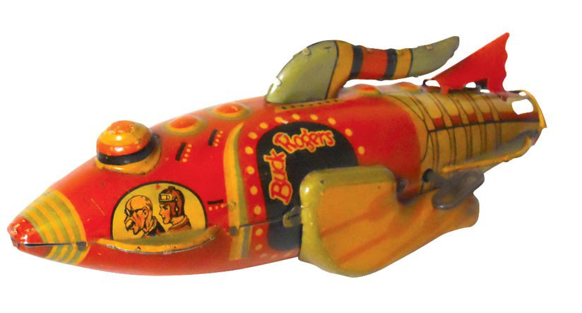 Toy, Buck Rogers Rocket Ship, mfgd by Marx, litho on ti: Toy, Buck Rogers Rocket Ship, mfgd by Marx, litho on tin wind-up, c.1934, replaced tailfin, VG working cond but does not spark, 12"L.