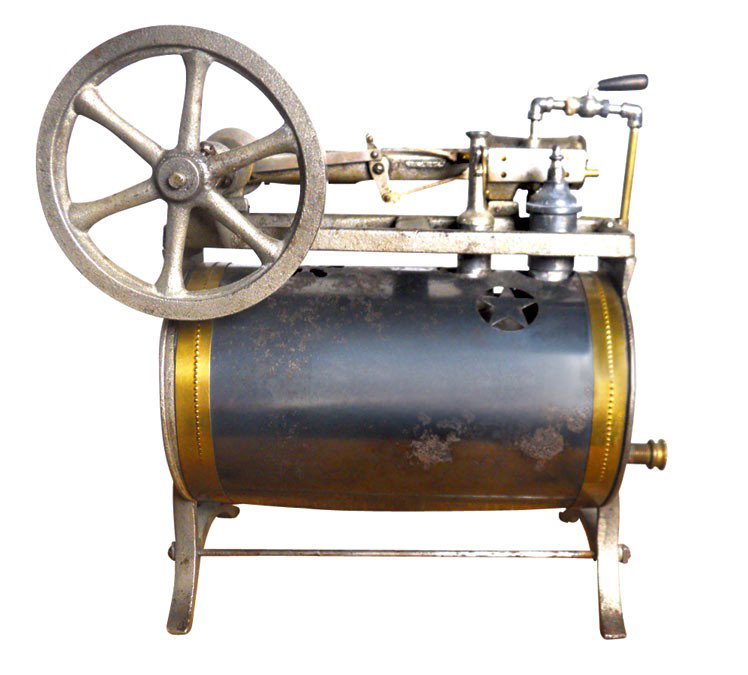 Toy, unmarked Weeden steam engine, cast iron, brass & s: Toy, unmarked Weeden steam engine, cast iron, brass & sheet metal, 1 cutout star, VG cond w/some re-solder on valve end, 10"H x 9"W.