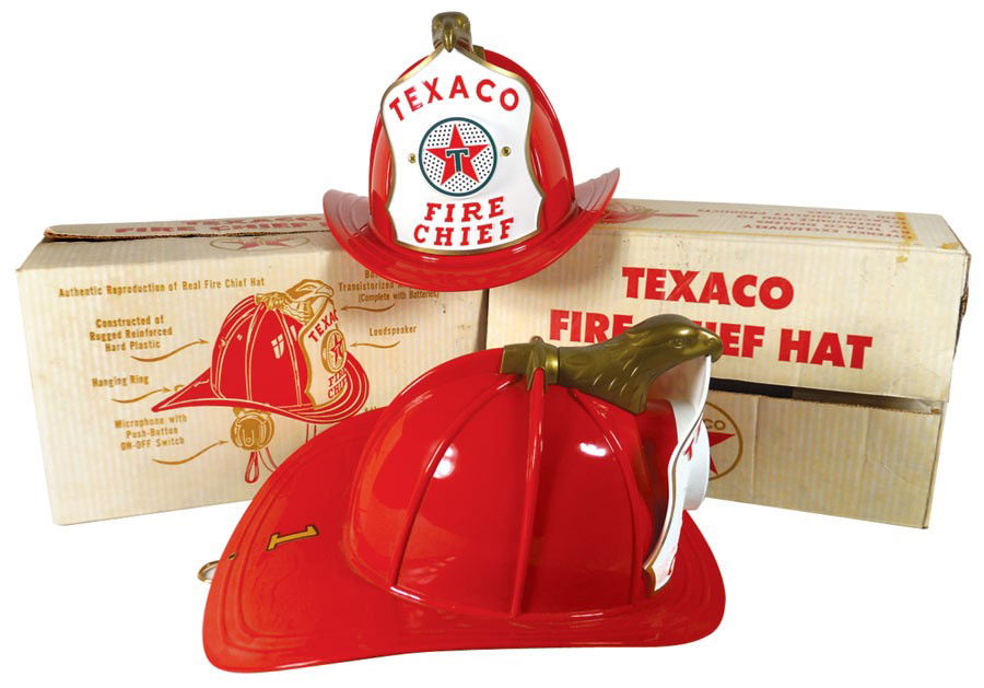 Toys (2), Fire Chief hats, hard plastic fire chief hats: Toys (2), Fire Chief hats, hard plastic fire chief hats w/hanging ring, battery operated transistorized amplifier, microphone & adjustable headbands, both new old stock in orig boxes, Exc cond, hats a