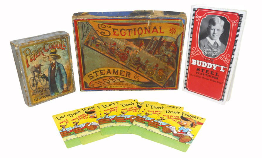 Children's games; Buddy "L " Steel Playthings brochure : Children's games; Buddy "L " Steel Playthings brochure & stickers, Sectional Steamer Hose by Milton Bradley Co., has 10 complete puzzles & Peter Coddle by McLoughlin Bros.-NY, both in Good cond w/orig