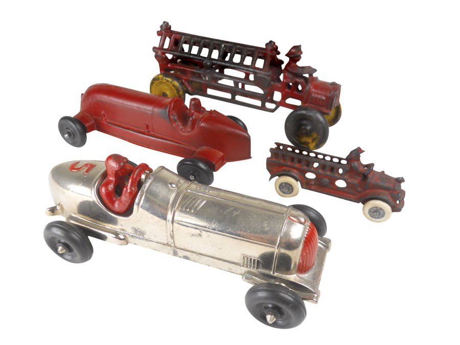 Toys (4), Hubley Kiddie Toy racer w/driver, Arcor rubbe: Toys (4), Hubley Kiddie Toy racer w/driver, Arcor rubber racer w/driver, cast iron ladder truck w/driver-red w/yellow metal wheels & small cast iron ladder truck w/driver & rubber wheels, all VG cond 