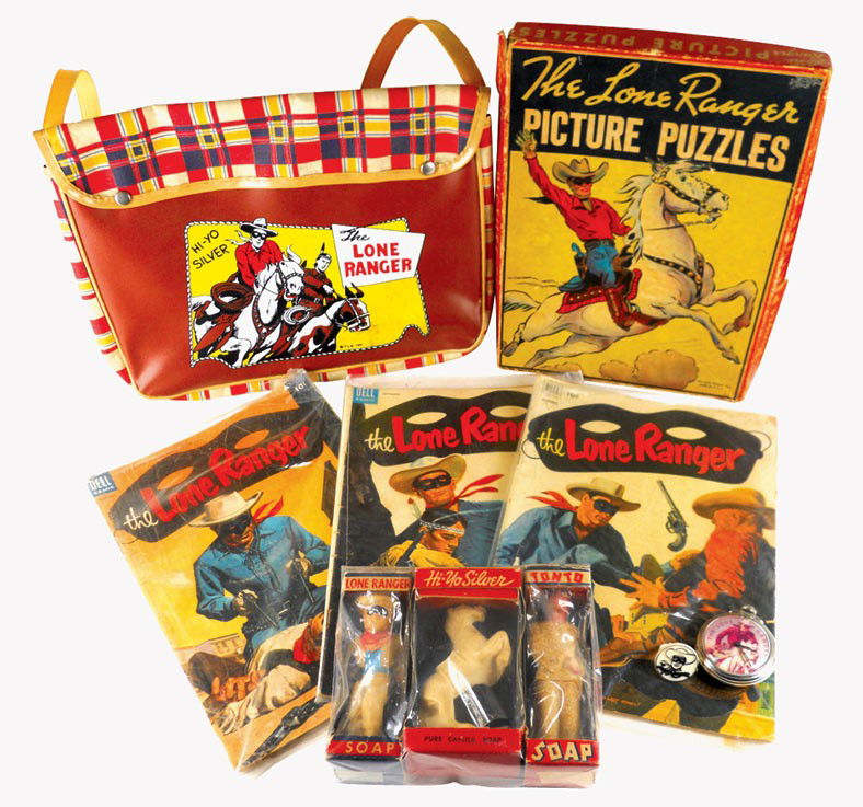 Toys (8), Lone Ranger pocket watch (working cond, made : Toys (8), Lone Ranger pocket watch (working cond, made in USA); Oct 1952, Feb 1954 & Sep 1954 comic books, 3-pc soap set, satchel, box w/2 picture puzzles & plastic disc ring (1966), VG-Exc cond, satc