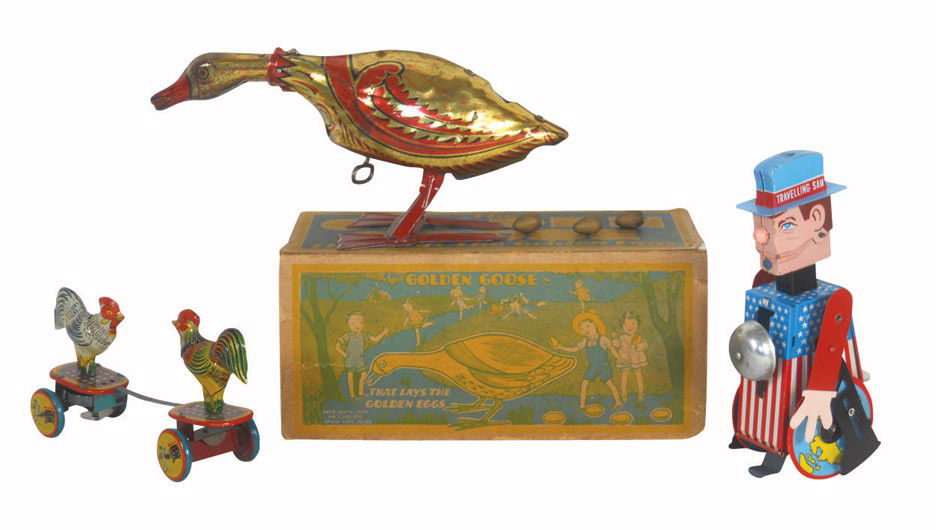 Toys (3), The Golden Goose That Lays Golden Eggs w/eggs: Toys (3), The Golden Goose That Lays Golden Eggs w/eggs & orig box (no ends), mfgd by Marx, Fighting Chickens on Wheels-Japan, both litho on tin wind-ups, both wind but don't want to move & Traveling