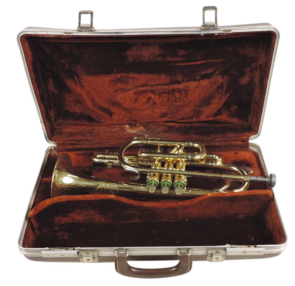 Musical Instrument, Ambassador coronet, mfgd by Olds, Ser. #694438, brass w/nickel-plated: Musical Instrument, Ambassador coronet, mfgd by Olds, Ser. #694438, brass w/nickel-plated mouthpiece, c.1951, coronet 16.5"L w/4.75"bell, VG untested cond in fitted case.