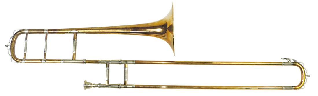 Musical Instrument, antique slide trombone, German/American, mfgd by Wunderlich, brass w/silvered: Musical Instrument, antique slide trombone, German/American, mfgd by Wunderlich, brass w/silvered mounts, 44"L w/8" bell, in leather case (worn & missing cover), 36"L.