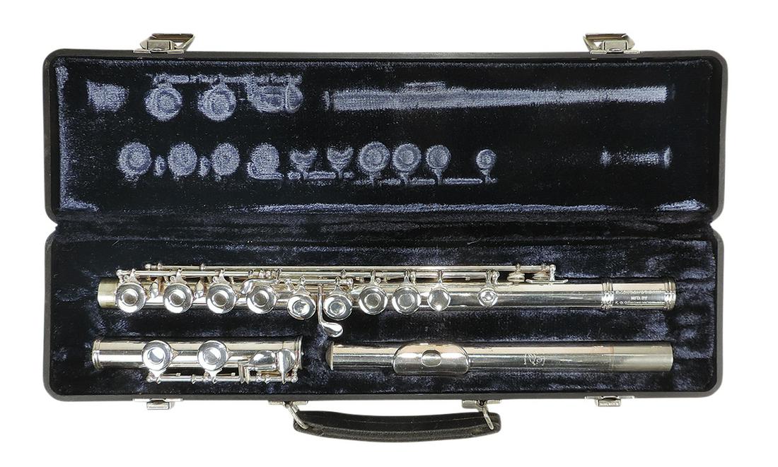 Musical Instrument, C flute, mfgd by Gemeinhardt, Mod. M2, Ser. #201735, silver-plated brass,: Musical Instrument, C flute, mfgd by Gemeinhardt, Mod. M2, Ser. #201735, silver-plated brass, c.1962-65, 26.5"L, Exc untested cond & appears refurbished in modern fitted case 17"L.