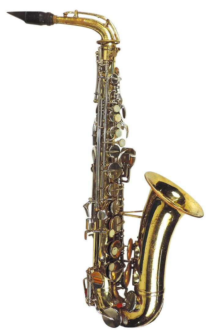Musical Instrument, 400 Alto Saxophone, mfgd by Buescher, worn serial numbers, brass & nickel-plate,: Musical Instrument, 400 Alto Saxophone, mfgd by Buescher, worn serial numbers, brass & nickel-plate, likely c.1940s-50s, 24"L w/5.375" bell, Good+ untested cond w/various wear, in case 26"L.