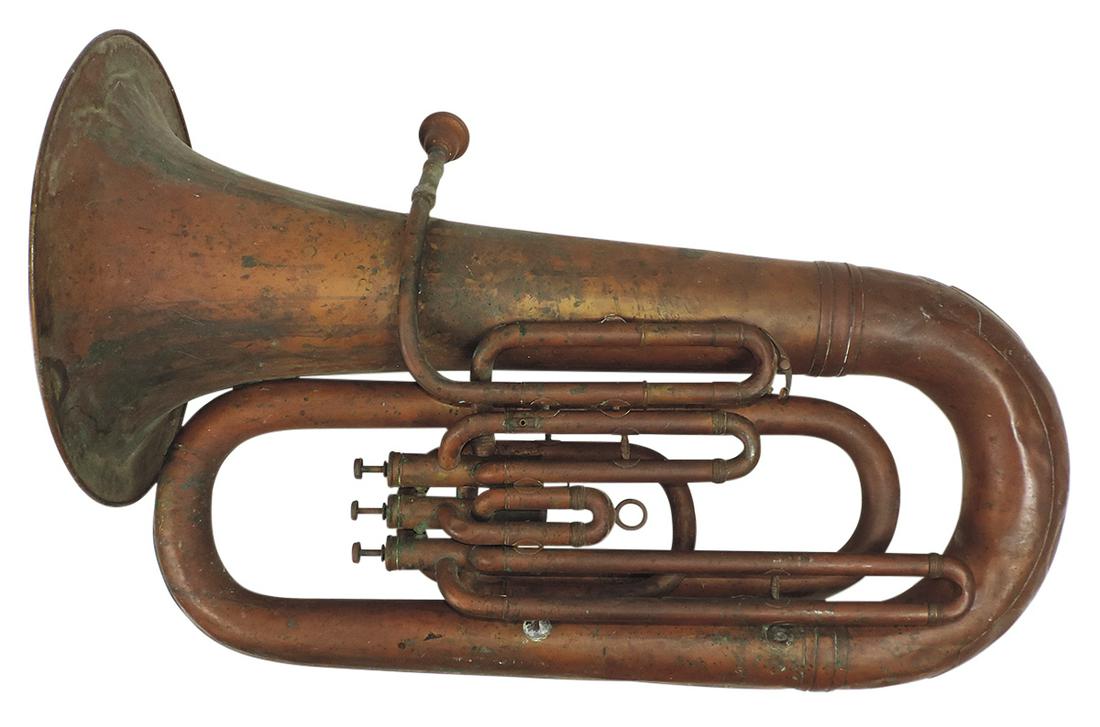 Musical Instrument, antique upright tuba, apparently unmarked, un-lacquered brass w/dark natural: Musical Instrument, antique upright tuba, apparently unmarked, un-lacquered brass w/dark natural patina, Good cond w/scattered dings, 29"L w/14.5" bell.