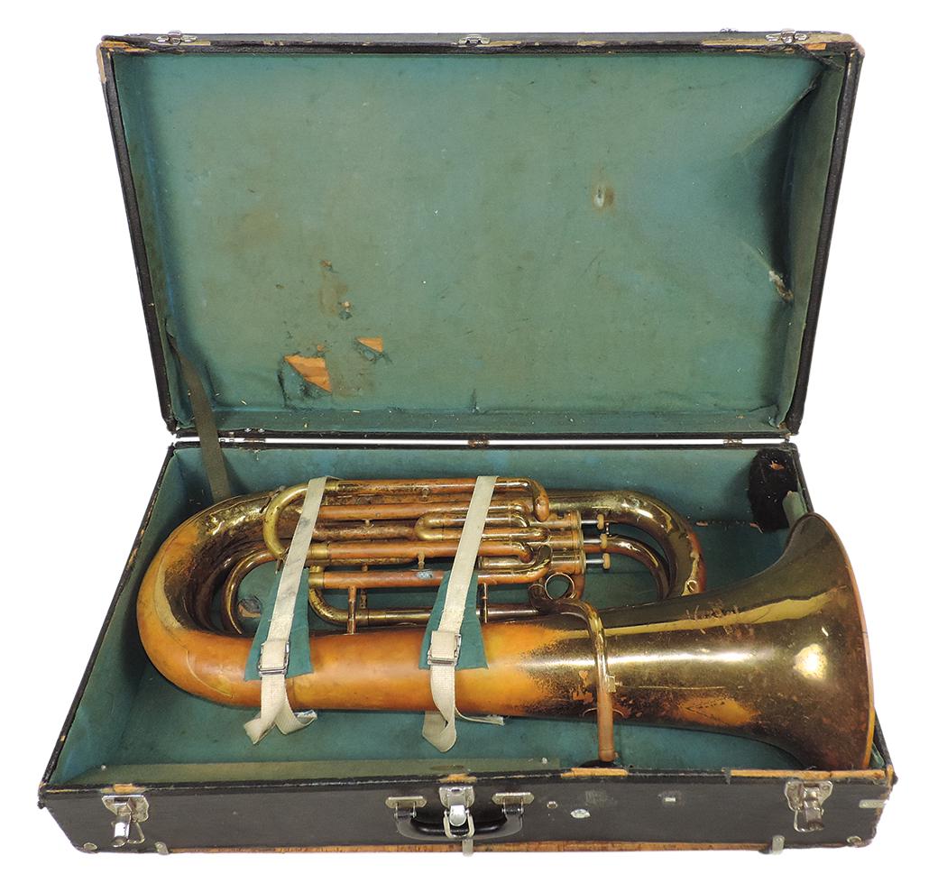 Musical Instrument, Bell Up Euphonium, Mod. 2-20, mfgd in England by Besson, Ser #509127, brass,: Musical Instrument, Bell Up Euphonium, Mod. 2-20, mfgd in England by Besson, Ser #509127, brass, Good untested cond, no mouthpiece, w/worn finish & dents/dings at bottom, in orig case, 34"H x 22"W.