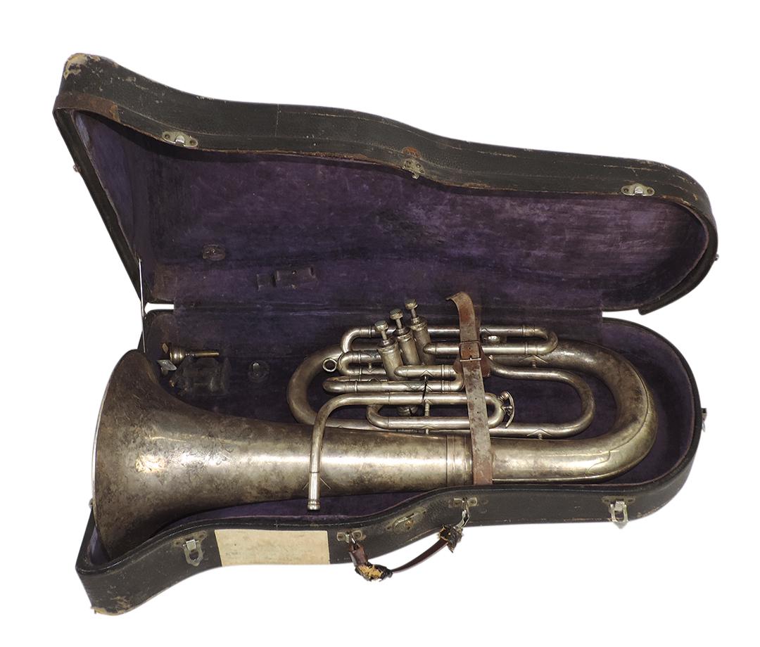 Musical Instrument, King Alto Upright Tuba, silvered brass, mfgd by H. N. White, c.1934, Ser.: Musical Instrument, King Alto Upright Tuba, silvered brass, mfgd by H. N. White, c.1934, Ser. #17361, in hard carry case, VG cond but likely needs refurbishing, wear to case, 27"L & 11"Dia bell.