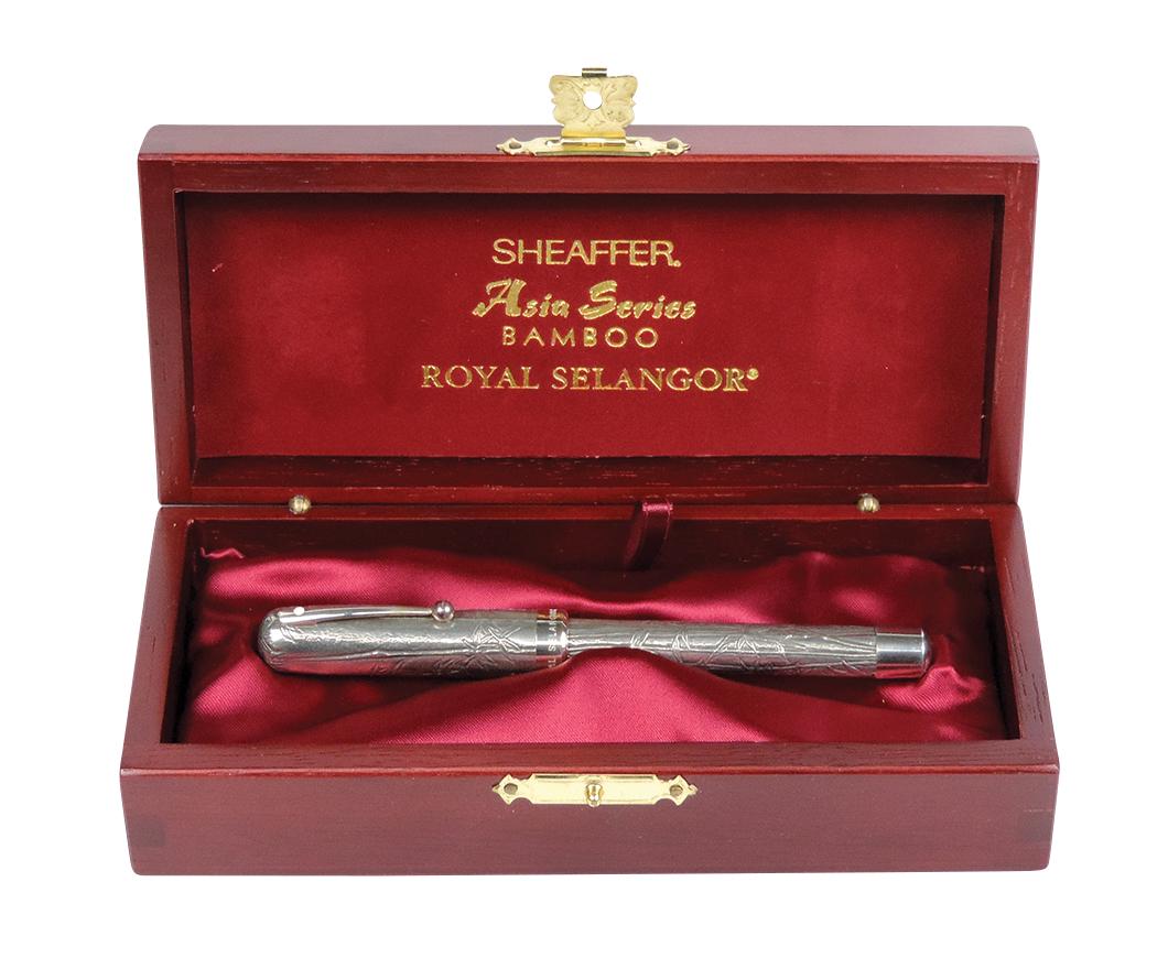 Fountain Pen, Sheaffer White Dot Royal Selangor "Asia Series" w/18k gold nib in pewter bamboo, NOS: Fountain Pen, Sheaffer White Dot Royal Selangor "Asia Series" w/18k gold nib in pewter bamboo, NOS untested cond, in orig mahogany box w/slip cover.