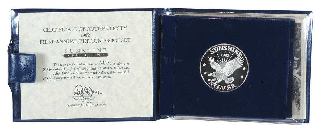 Coins (4), Sunshine Bullion 1982 First Annual Edition Proof Set, #3412 Sunshine Mining 5 troy oz: Coins (4), Sunshine Bullion 1982 First Annual Edition Proof Set, #3412 Sunshine Mining 5 troy oz .999 coin; one troy oz .999 coin; one half troy oz .999 coin; one quarter troy oz .999 coin & silver pr