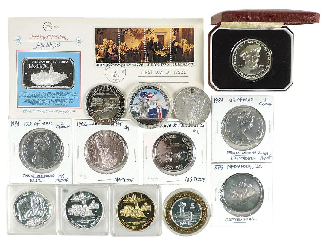 Silver Coins, Tokens & Misc (14), Morgan Silver Dollar, 1885, w/jewelry hole; Isle of Man, Elizabeth: Silver Coins, Tokens & Misc (14), Morgan Silver Dollar, 1885, w/jewelry hole; Isle of Man, Elizabeth II, 1 Crown, 1981 Proof, (2); Liberty Mint 1986 Proof; 1968 Navajo Tribal Centennial Proof; 1976 Fi