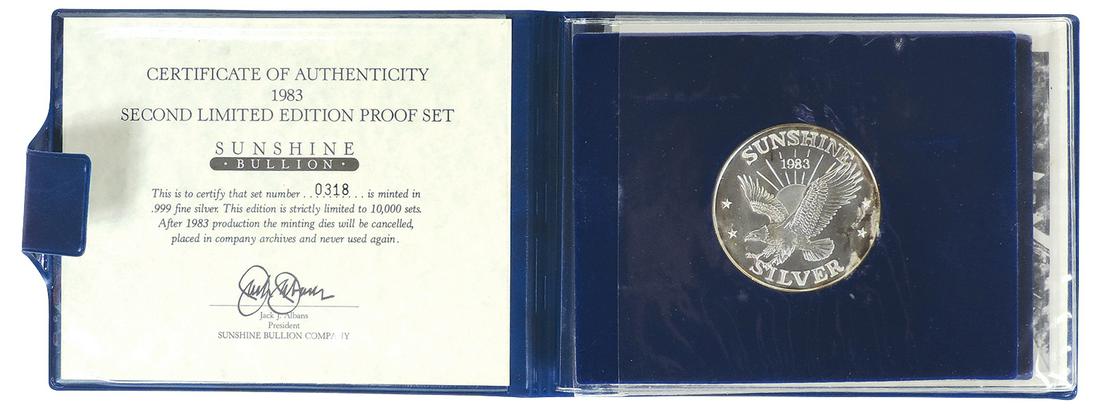 Coins (4), Sunshine Bullion 1983 Second Limited Edition Proof Set, #0318 Sunshine Mining 5 troy oz: Coins (4), Sunshine Bullion 1983 Second Limited Edition Proof Set, #0318 Sunshine Mining 5 troy oz .999 coin, one troy oz .999 coin one half troy oz .999 coin, one quarter troy oz .999 coin & silver p