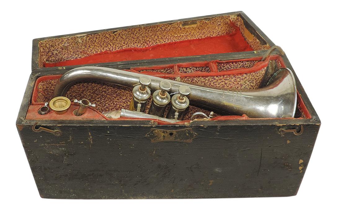 Musical Instrument, antique French coronet, mfgd by F. Jaubert & Cie., Paris for Lyon & Healey,: Musical Instrument, antique French coronet, mfgd by F. Jaubert & Cie., Paris for Lyon & Healey, Chicago, nickel-plated brass, c.1890s, 12"L w/5" bell, mouthpiece & 2 lead pipes in wood coffin case, Go