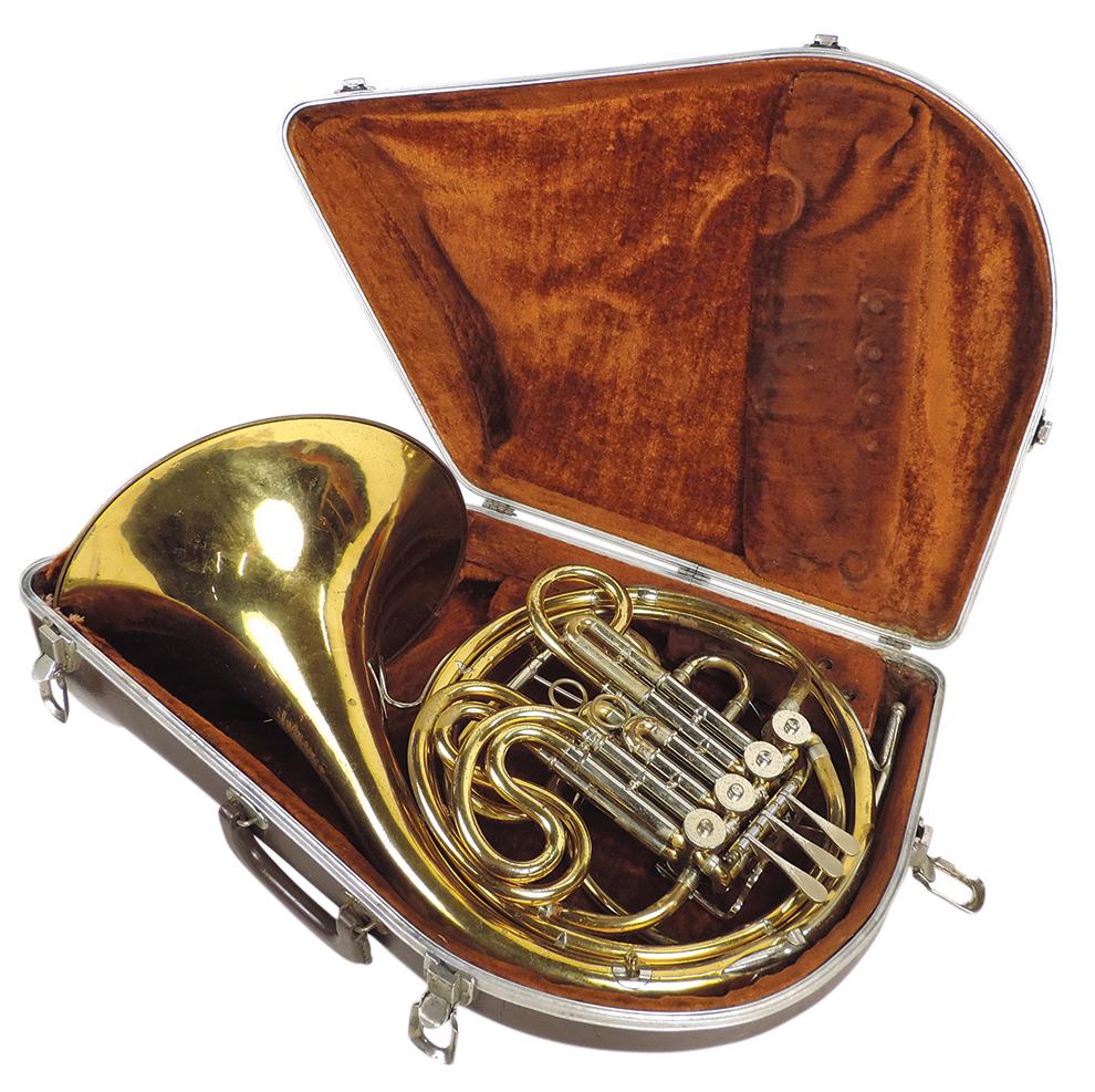 Musical Instrument, double French horn, mfgd by Holton (serial number not found), brass &: Musical Instrument, double French horn, mfgd by Holton (serial number not found), brass & silver-plate, c.1960s, 12.25" bell, VG untested cond in case 22"L.
