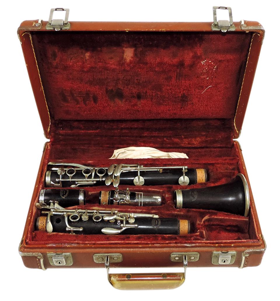 Musical Instrument, French clarinet, mfgd by Buffet Crampon, ebony & German silver, Exc untested: Musical Instrument, French clarinet, mfgd by Buffet Crampon, ebony & German silver, Exc untested cond w/newer pads & cork, 26"L in fitted case.