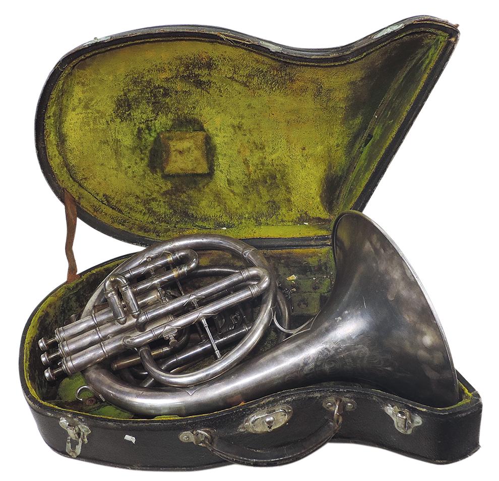 Musical Instrument, mellophone, mfgd by Holton, Ser. #84322, silver-plated brass, c.1924, w/piston: Musical Instrument, mellophone, mfgd by Holton, Ser. #84322, silver-plated brass, c.1924, w/piston valves & extra pitch loops, 10.5" bell, VG cond w/dings & tarnish but should take a nice finish, in o