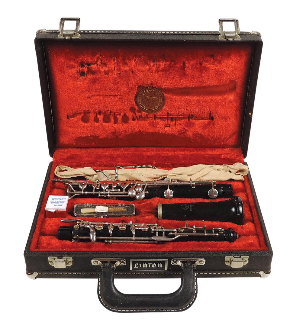 Musical Instrument, oboe, mfgd by Linton, Bakelite & silver-plate, 23.5"L, VG+ cond w/mouthpiece, in: Musical Instrument, oboe, mfgd by Linton, Bakelite & silver-plate, 23.5"L, VG+ cond w/mouthpiece, in fitted case, 13"L.
