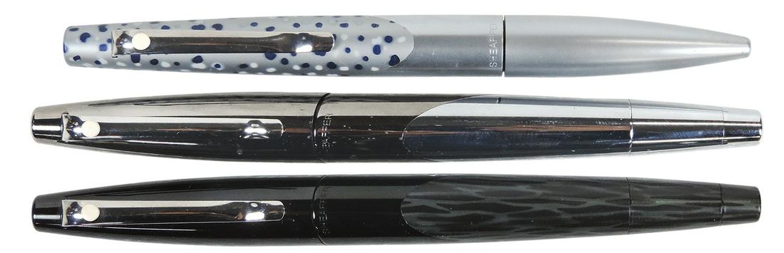 Fountain Pens & Ballpoint (3), all Sheaffer White Dot Intrigue, 2 fountain w/Sterling Silver nibs, 1: Fountain Pens & Ballpoint (3), all Sheaffer White Dot Intrigue, 2 fountain w/Sterling Silver nibs, 1 pewter/chrome, 1 black/grey & spotted/brushed nickel ballpoint, Exc+ untested cond, 5.25"L.