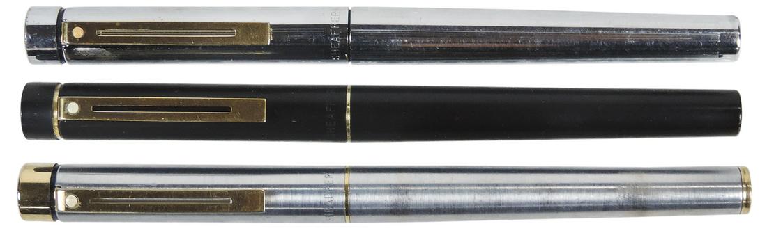 Fountain Pens (3), all Sheaffer White Dot Targa w/14k nibs in black matte, brushed pewter & chrome,: Fountain Pens (3), all Sheaffer White Dot Targa w/14k nibs in black matte, brushed pewter & chrome, VG+ to Exc untested cond, 5.25"L.