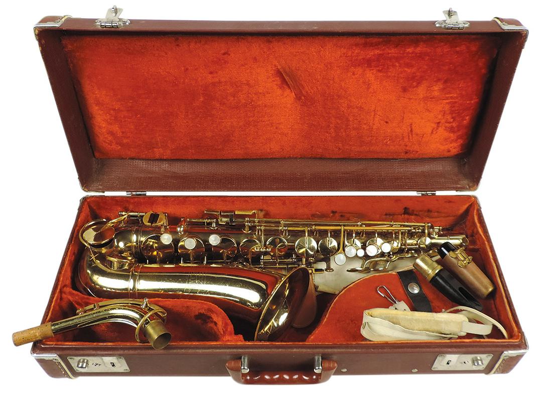 Musical Instrument, Cleveland alto saxophone, mfgd by H.N. White, Ser. #C104231, brass, c.1960, 26"L: Musical Instrument, Cleveland alto saxophone, mfgd by H.N. White, Ser. #C104231, brass, c.1960, 26"L w/4.75" bell, Exc untested refurbished cond, in case 24"L.