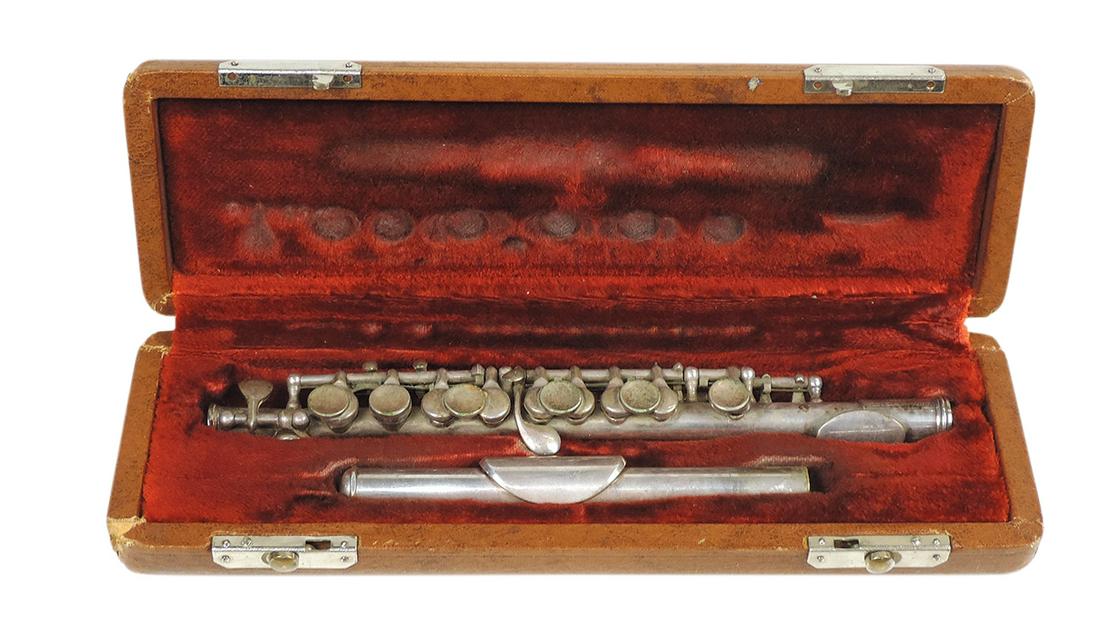 Musical Instrument, piccolo, mfgd by F.A. Reynolds, Ser. #12297, silver-plated brass, c.1947,: Musical Instrument, piccolo, mfgd by F.A. Reynolds, Ser. #12297, silver-plated brass, c.1947, 12.5"L, Good+ untested cond w/fitted case 10"L.